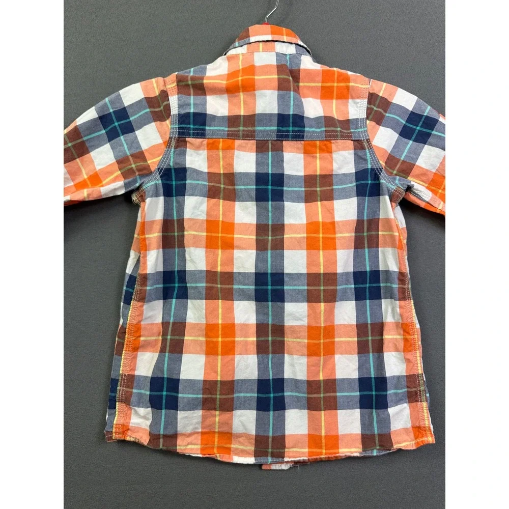 OshKosh Bgosh Boys Orange‎ Navy Blue Plaid Button Down Shirt Size 7 Long Sleeve